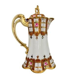 NIPON Porcelain Hand-Painted Chocolate Pot Pink Rose Gold Raised Beaded Gilt VTG